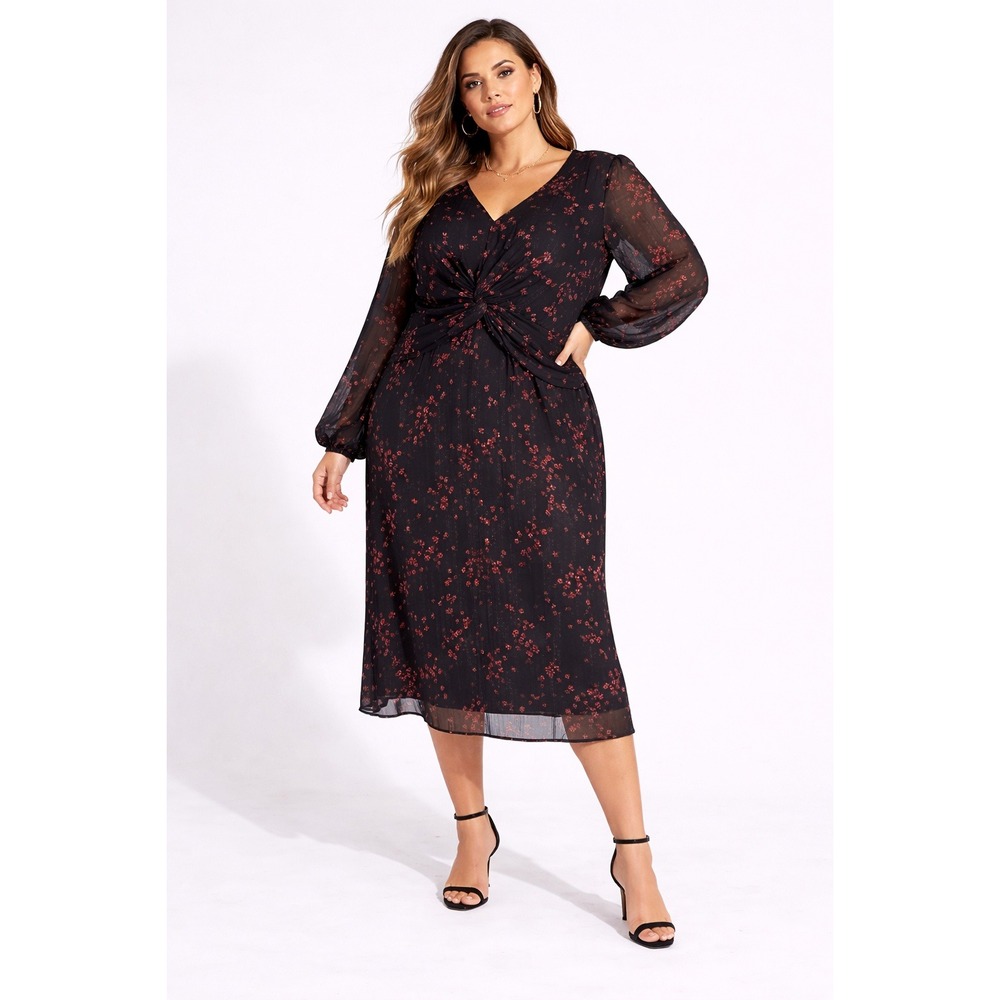 Lane‎ Bryant Black Floral Twist Front Midi Dress Long Sleeve Size 20